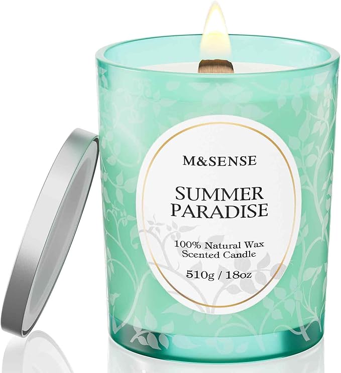 M&SENSE Summer Paradise Scented Candle, Cracking Wooden Wick Soy Wax, 18oz 100 Hours Long Lasting Clean Burn, Large Jar Candles for Home Decor, Non-Toxic Relaxing Aromatherapy Gifts for Women
