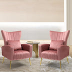 X-VOLSPORT Velvet Accent Chairs Set of 2, Mid Century Modern High Back Living Room Chair with Waist Pillow, Upholstered Arm Chair with Metal Gold Legs for Bedroom, Club, Pink