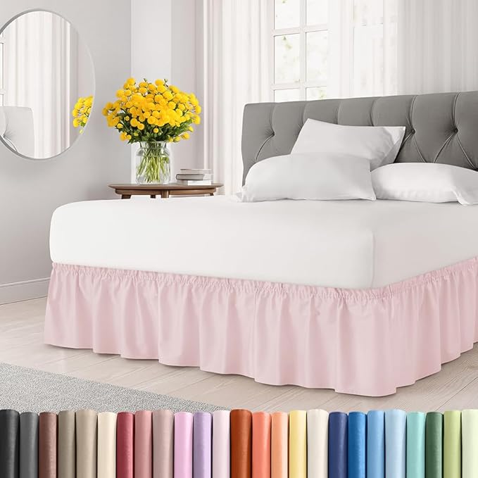 Wrap Around Dust Ruffle Bed Skirt - Lavender Pink - for King Size Beds w/ 12 Inch Drop - Easy Fit Elastic Strap - Adjustable Pleated Bedskirt w/Brushed Fabric - Wrinkle Free, Women, Men, Kids & Teens
