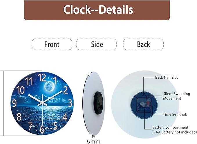 XFM Blue Wall Clock Battery Operated 14 Inch Moon Ocean Glass Clock Silent Non Ticking Modern Decorative Wall Clocks for Kitchen Bedroom Bathroom Decor