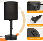 Small Bedside Table Lamp for Nightstand with USB & Outlet, 3 Color, Matte Black, Black Lampshade (LED Bulb Included)
