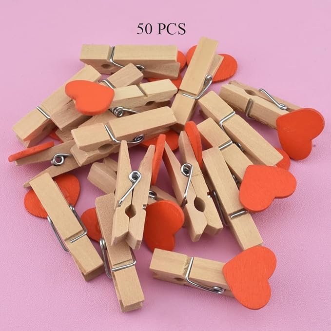 HAHIYO Heart Painted Mini Wooden Clothespin Clip Photo Paper Holders 1.38inch Tight Clamp Not Fray Rope Post Notices Handy Read for Hanging Postcard Wedding Orange 50PCS
