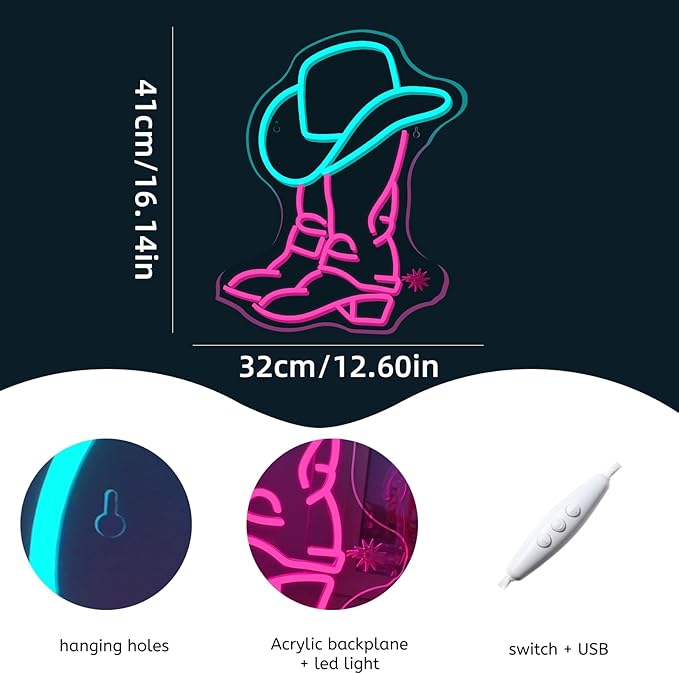 WLHOPE Cowboy Boot and Hat Neon Signs for Wall Decor Adjustable LED Lights Decorations for Bar Party Club Man Cave Living Room Bedroom, Get Your Space Shine Day and Night