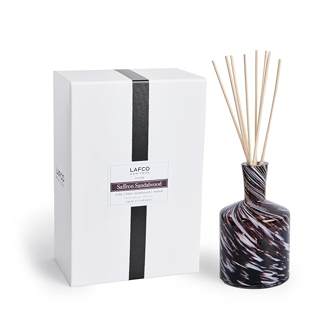 LAFCO New York Signature Reed Diffuser, Saffron Sandalwood - 15 oz - Up to 9 Months Fragrance Life - Reusable, Hand Blown Glass Vessel - Natural Wood Reeds - Made in The USA