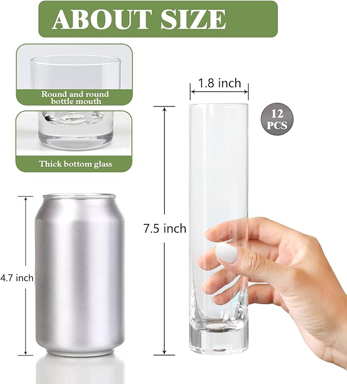 Glass Cylinder Bud Vases for Centerpieces, Set of 12 Clear Small vases,Handmade Slim Flower Vases Wedding Table Decor for Single Rose vases Bulk, Home Aesthetic Desk Decor, Party Decorations,7.5"