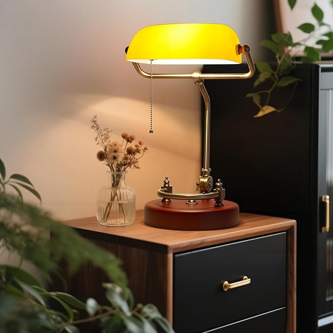 Bankers Lamp, Traditional Orange Desk Lamp with Solid Birch Wood Base, Orange Glass Antique Library Lamp with Pull Chain Switch, Plug in Vintage Bankers Desk Lamp for Office, Study Room 【E26 Socket】