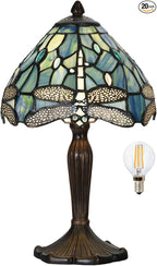 TL0008 Tiffany Lamp Sea Blue Stained Glass Dragonfly Style Desk Reading Light for Small Space Bedside Bedroom Home Office,8" D x 14.25" H, LED Bulb Included