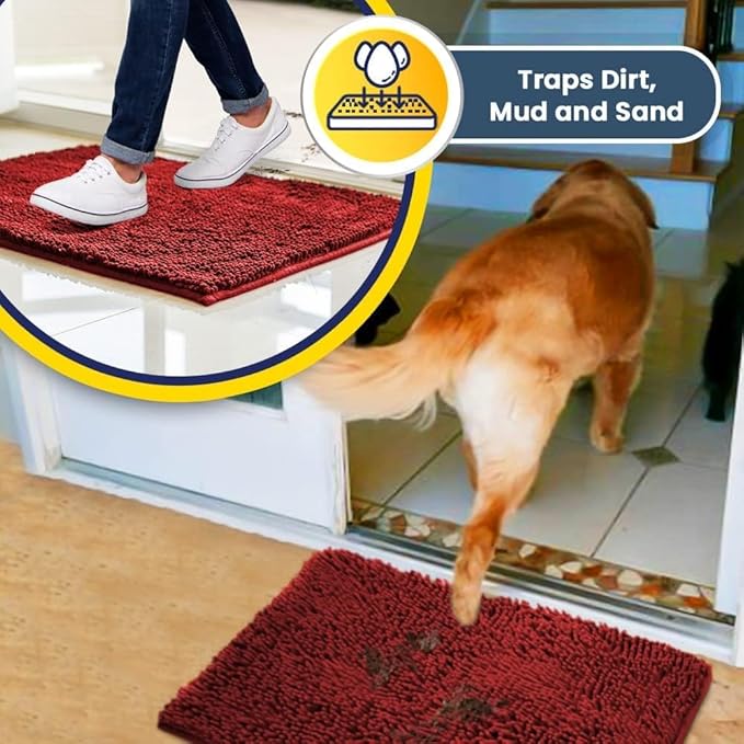 Muddy Mat® 4-Piece Red Medium 30"X19" AS-SEEN-ON-TV Highly Absorbent Microfiber Door Mat, Bath Mat and Pet Rug, Non Slip Thick Washable, Soft Chenille for Kitchen Bathroom Bedroom Indoor and Outdoor