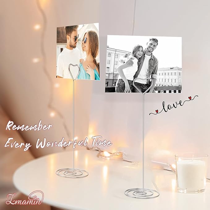 16pcs Place Card Holders, 8.75 Inches Tall Table Number Holders, Silver Picture Holder for Tables with Heart Shaped Clip for Wedding, Photos, Food Signs, Memo Notes, Restaurant, Birthday