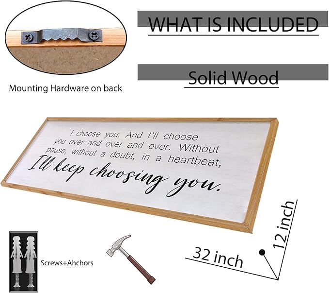 I Choose You Sign Wall Decor Art Above Bed 32X12 Inch I Love You Romantic Wood Framed for Master Bedroom Over Bed I'll Keep Choosing You Sign (Wood)