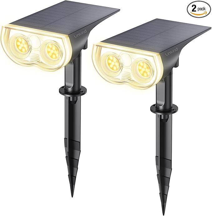 Linkind Solar Lights Outdoor Waterproof IP67, StarRay Dusk-to-Dawn Outdoor Solar Lights, 3 Lighting Modes Solar Spot Lights Outdoor for Garden, Yard, Landscape (Warm White, 2 Pack)