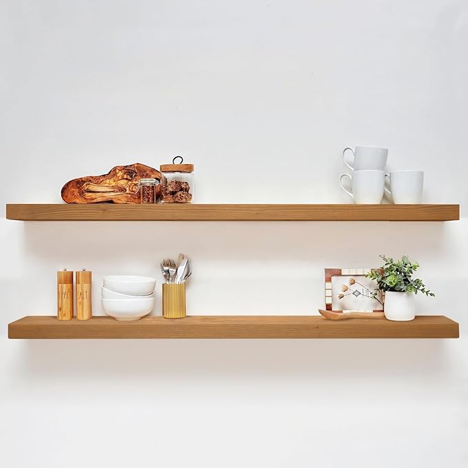 Homeforia 60 inch Golden Oak Floating Shelf, High End Solid Real Wood 60inch Small Floating Shelves for Wall Mounted, Oak Wooden 60in Floating Shelves, Heavy Duty Bracket, 60 X 6.5 X 1.75 in, Set of 3
