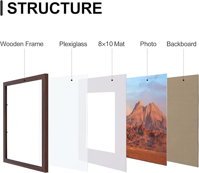 Vittanly 11x14 Picture Frames Set of 9, Shatter Resistant Plexiglass, Display 8x10 Pictures with Mat or 11x14 without Mat, Photo Frames for Wall or Tabletop, Engineered Wood, Walnut