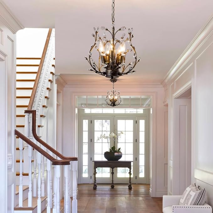 5-Light Vintage Crystal Branch Chandelier Farmhouse Hanging Pendant Light Fixtures for Living Room Dining Room Foyer Kitchen Island Hallway, Aged Bronze