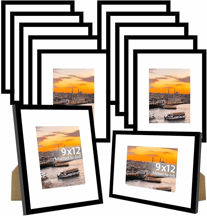 12 Packs 9x12 Picture Frames, Display 6x8 with Mat or 9x12 Without Mat, Gallery Wall Frame Set, 9 by 12 Frames Bulk Set of 12 Collage Wall Decor Photo Frames Set for Wall and Tabletop, Black
