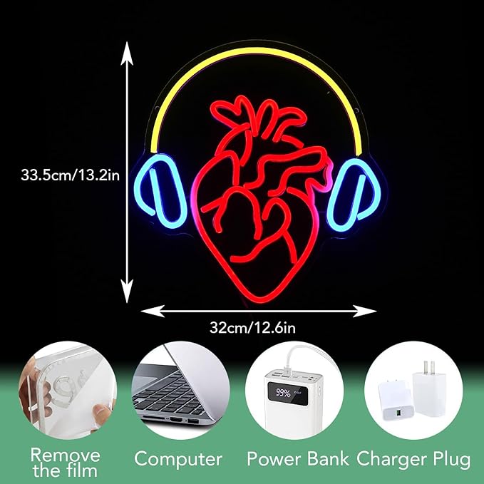 Heart With Headphone Neon Sign USB Power Music Heart Neon Light Dimmable Music Lover Led Art Sign Wall Decor for Bedroom Bar Party Studio Unique Gift for Music Enthusiasts