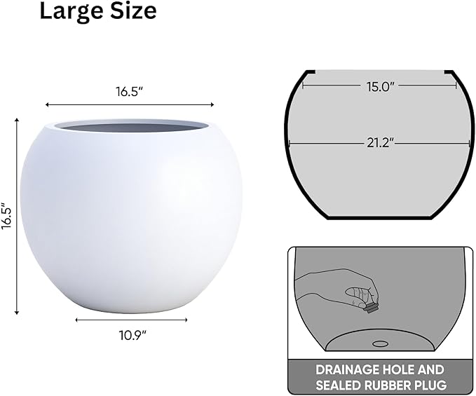 DTY Signature Mount Sherman Lightweight Durable Modern Fiberstone Sphere Planter for Indoor & Outdoor Drainage Hole & Rubber Plug Weather Resistant, 17" H x 21" Dia, 14.4" Opening - Large, White