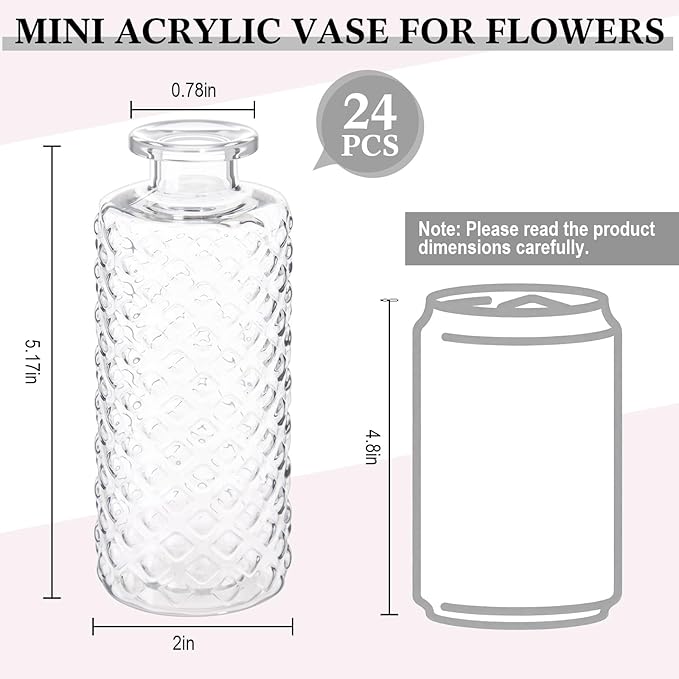 Honeydak Set of 24 Plastic Bud Vases, Vintage Decorative Mini Flower Vases Bulk for Table Centerpieces, Wedding Reception, Home Decor, Housewarming Gifts (Micro-Diamond)