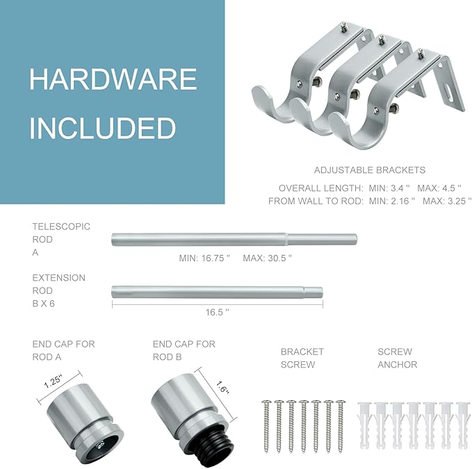 Curtain Rods for Windows 16 to 120 Inches Adjustable Length 1 Inch Diameter Window Curtain Rod with Aluminium End Cap, Silver Gray