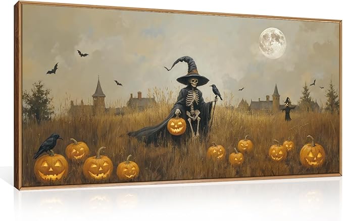 Celestdeco Halloween Ghost Reaper Framed Wall Art Set, Scary Witchy and Pumpkin Wall Decor, Horror Night Wall Painting,Full Moon Bats Art Prints for Living Room,Bedroom,Halloween Themed Party Decor-20"×40"