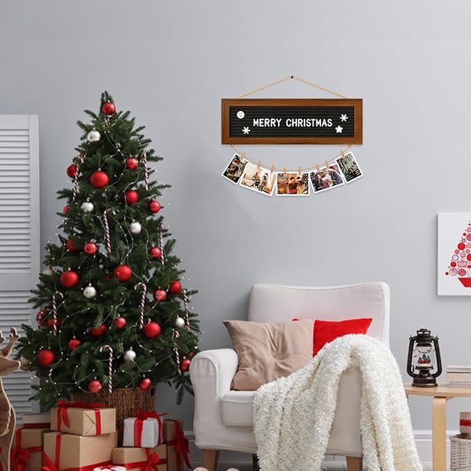 Picture Frames Collage Photo Hanging Display, Felt Letter Board with 340 Letters and 15 Clips, Picture Board Rustic Frames for Wall Dorm Room Decor Christmas Holiday Birthday Party Present