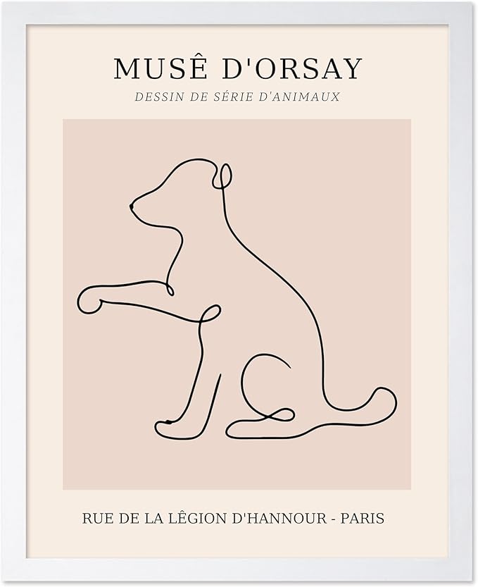 Poster Master Vintage Poster - Retro One Line Dog Drawing Print - Dog Art - Minimal Gift for Men, Women, Animal Lover - Abstract Wall Decor for Home, Office, Bedroom, 11x14 White Framed