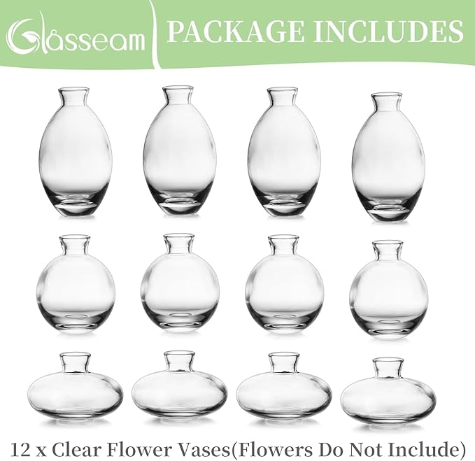 Glass Bud Vase for Centerpieces: 12Pcs Glasseam Clear Mini Small Vases for Flowers Bulk Flower Vase Set Aesthetic Cute Handmade Tiny Short Wedding Table Centerpiece Decor