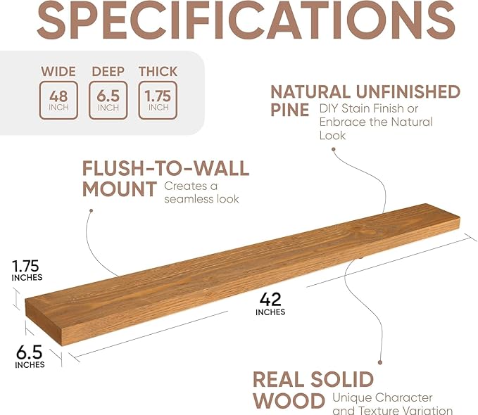 Homeforia 42 inch Golden Oak Floating Shelf, High End Solid Real Wood 42inch Small Floating Shelves for Wall Mounted, Oak Wooden 42in Floating Shelves, Heavy Duty Bracket, 42 X 6.5 X 1.75 in, Set of 3