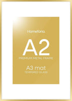 Homeforia A2 Picture Frame Gold, High End Metal 16.5 x 23.5 inches Poster Frames with Mat 11.7 x 16.5 for Photo, A2 Size Frames Matted to A3 Print, 16.5 by 23.4 Hanging Frame, Tempered Glass, Set of 1