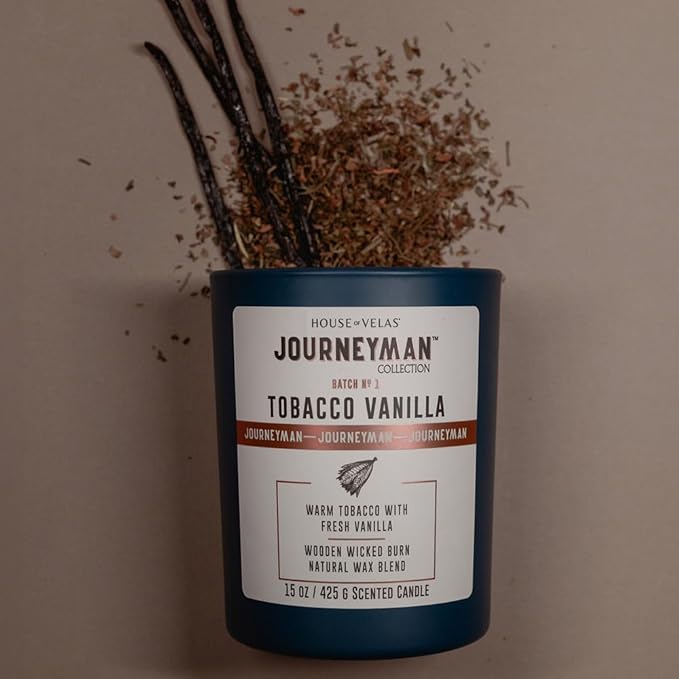 Journeyman Collection Candle, 15oz, Wooden Wick, Tobacco Vanilla, Large Painted Jar