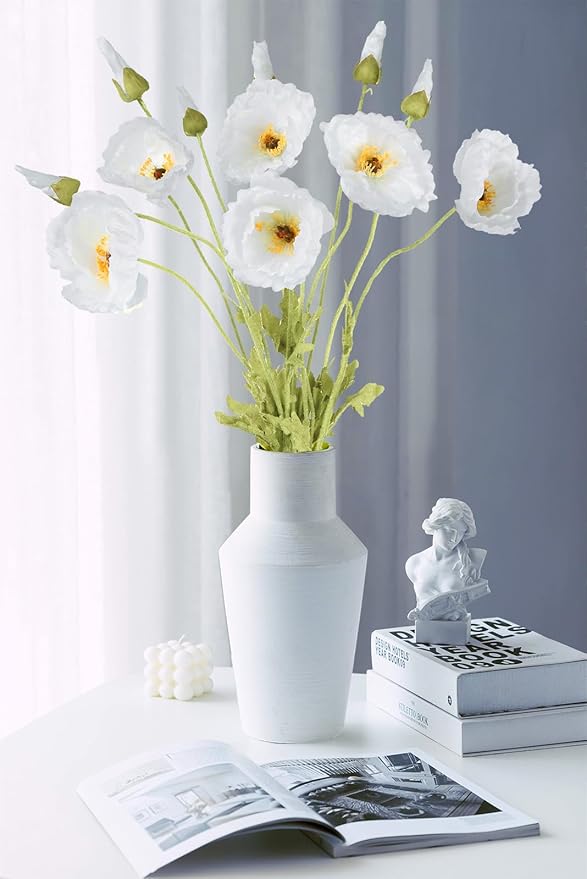 IPOPU 43.3" White Poppy Flowers Artificial Flowers 6pcs Fake Silk Poppies Long Stem Artificial Flowers for Tall Vase for Wedding Party Home Decor(Wihte)