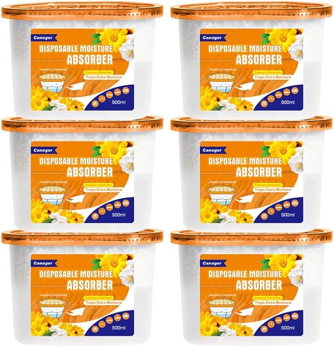 CANAGER Moisture Absorber Box - 6 Packs, 12.5 oz Cup, Jasmine Calendula, Odor Eliminator and Dehumidifier for Closet, Bedroom and Kitchen.