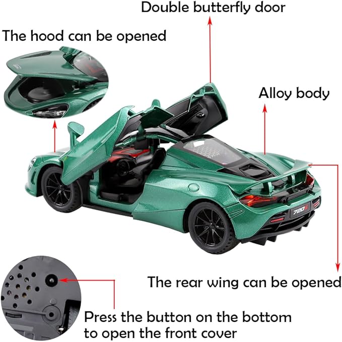 Alloy Collectible Green McLaren 720s Toy Car Model Pull Back DieCast Vehicle with Lights and Sound