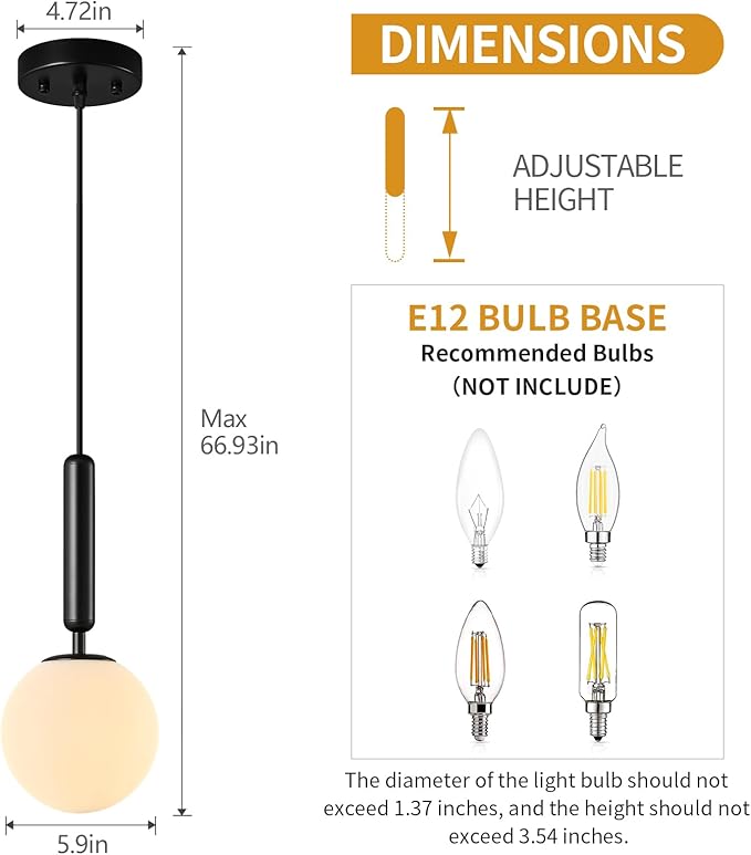 Modern Hanging Light Fixture Pendant Lighting for Kitchen Island Mid Century Black Pendant Lights with Globe Milky White Glass Pendant Light for Bedroom Bathroom Entryway (2 Pack)