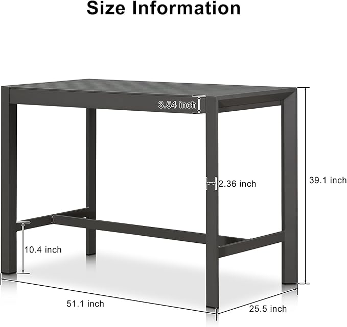 PURPLE LEAF 39.1'' Rectangle Outdoor Patio Counter Height Dining Table, Durable Aluminum Bar Height Pub Table for Counter Bar Stool, Water-Proof Tall Dining Table with Sturdy Legs, Grey