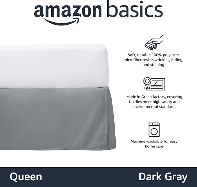 Amazon Basics Lightweight Pleated Bed Skirt, Queen, Dark Grey, Solid