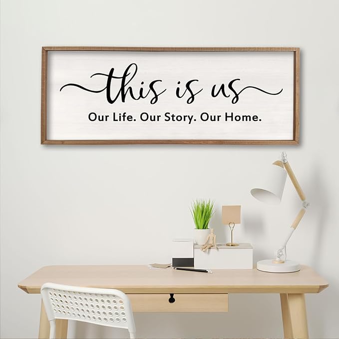 This is us Wall Decor Sign 40'' x 15'' Large Master Bedroom Home Life Story Wood Framed Vintage Family Sign Rustic Plaque Living Room Minimalist Farmhouse Hanging Wall Art (Wood)