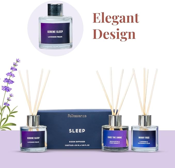 Folkulture Reed Diffusers for Home, Set of 3-5 oz | Sleep Diffuser Oil with Sticks for Bathroom Decor Accessories, Living Room, Office, Desk| Natural Essential Oils | Housewarming Gifts | Lavender