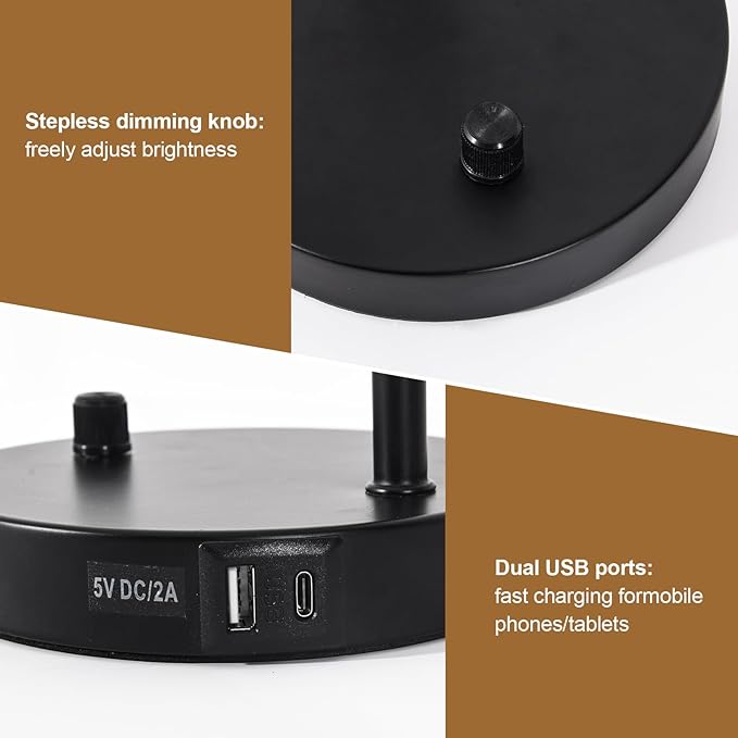 Desk Lamps, Table Lamps for Bedrooms with 2 USB Port, Stepless Dimmable Bedside Lamps, Adjustable Gooseneck Lamp for Living Room, Small Lamps for Office Reading, Nightstand Lamps with 5W LED Bulb