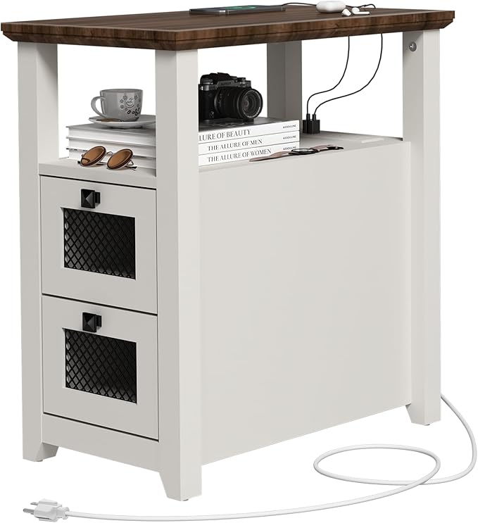 Farmhouse XXL End Table with Charging Station, Narrow Side Table with USB Ports and Outlets, Nightstand with 2 Drawers Storage, Bedside Tables for Living Room, Bedroom, Rustic Walnut White