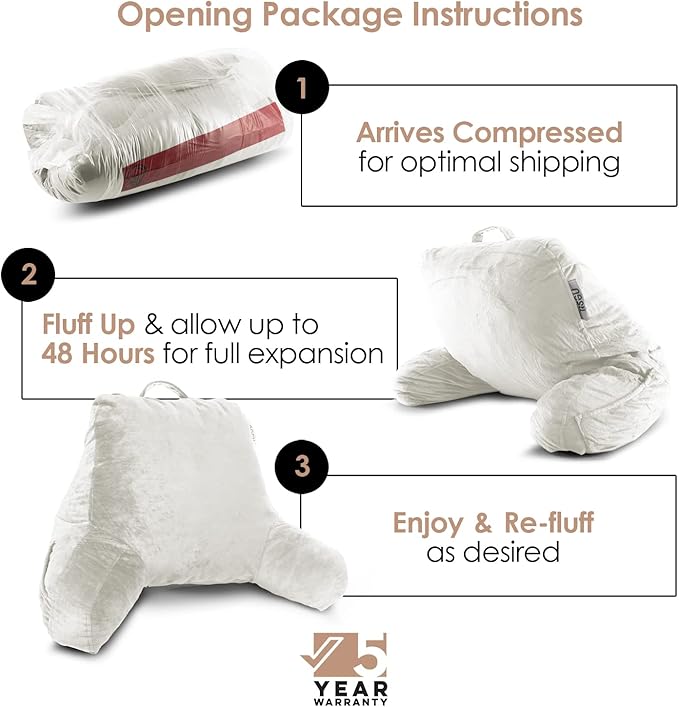 Nestl Reading Pillow Standard Bed Pillow, Back Pillow for Sitting in Bed Shredded Memory Foam Chair Pillow, Reading & Bed Rest Pillows White Back Pillow for Bed, Bed Chair Arm Pillow with Pockets