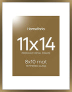 Homeforia 11x14 Bronze Picture Frame, High End Metal 11x14 Brass Frame with Mat 8x10, 11 x 14 Poster Frames Matted to 8 x 10 inch Photo, 11 by 14 Bronze Thin Frames, Tempered Glass, Wall Kit, Set of 1