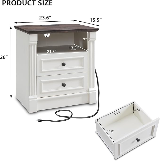 26" Tall 2 Drawers Dresser for Bedroom, Farmhouse 23.6" Wide Large Nightstand with Charging Station, Wood Rustic Side Table w/Roman Column, End Table for Bedroom, Living Room, White