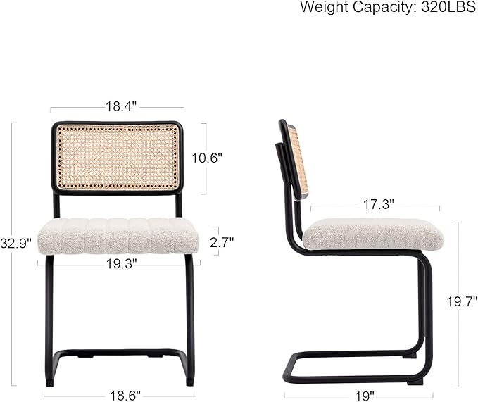Natural Rattan Dining Chairs Set of 4, Modern Kitchen Chairs with Solid Wood Back, Upholstered Cesca Side Chairs with Comfy Linen Cushion