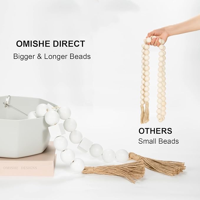 OMISHE White Extra Large Wood Bead Garland with 1.6" Diameter Wooden Beads and Tassels, 41.5" Long Rustic Farmhouse Country Boho Decorative Beads for Home Decor Tiered Tray Decor