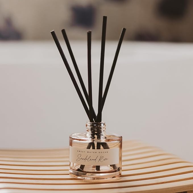 Sweet Water Decor Sandalwood Rose Reed Diffuser – Room Decor Aesthetic with Long-Lasting Premium Fragrance of Green, Leafy, Winey, Rose, Guaiac Wood, and Musk for 4 Months – Ideal for Home Decor