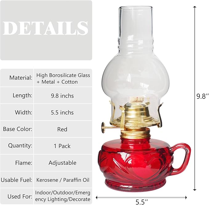 Large Rustic Kerosene Lamp Lantern Chamber Antique Oil Lamps for Indoor Use Home Decor Lighting Vintage Glass Clear (Red)