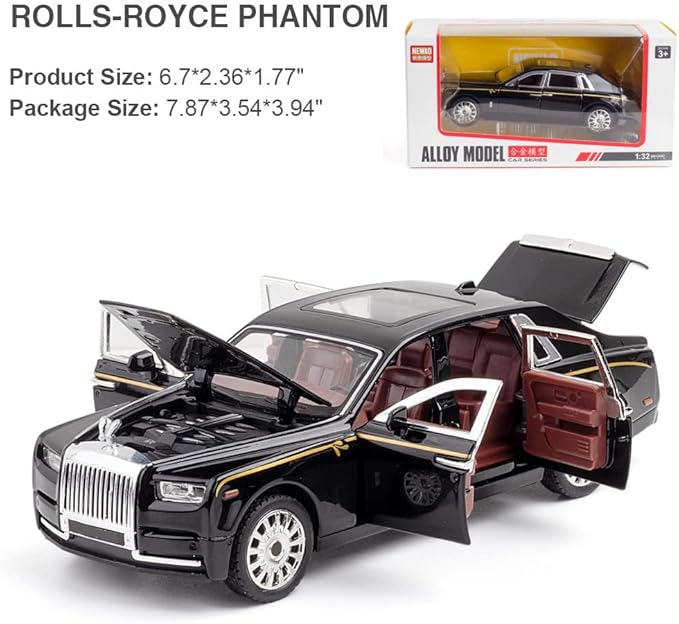 Alloy Collectible Rolls-Royce Phantom Model Toy Car, 1/32 Scale Diecast Car Model Pull Back Vehicles Phantom Toy with Sound & Light, Car Logo Can be Folded