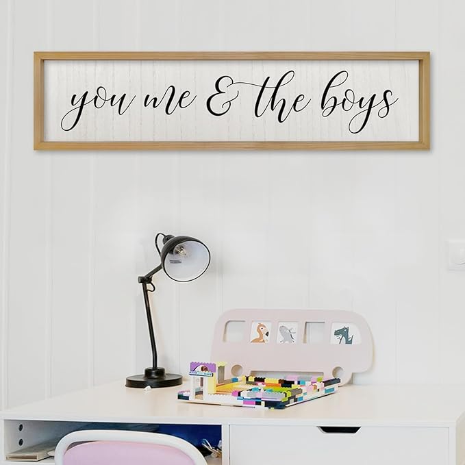 ZZJJHYWGQ You Me & The Boys Sign 32"×8" Playroom Kids Wall Decor Modren Nursery Baby Boy Home Wood Framed Living Room Horizontal Wall Art (Wood)