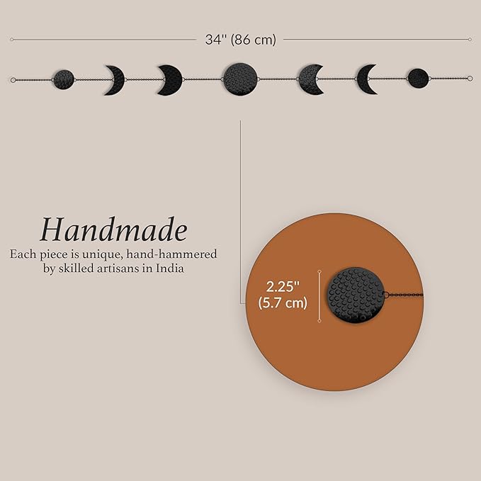 BASE ROOTS Moon Phase, Black Wall Decor for Bedroom & Living Room, Bohemian Wall Decor, Handmade Hammered Metal 34" 7 Phases Moon, Celestial Wall Art, Gift for Women & Kids